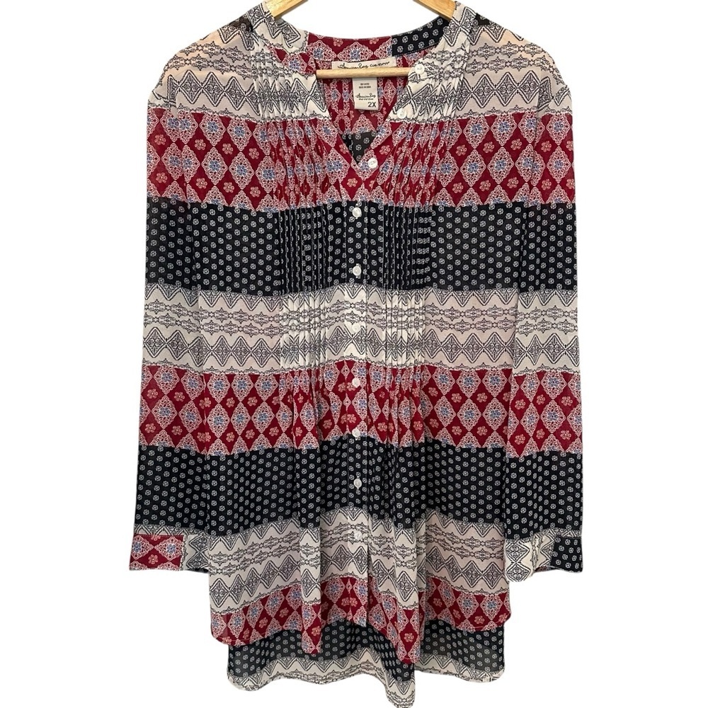 Women's 2X Pleated Tie Back PLUS Soft Red Navy White Work Casual Relaxed Blouse